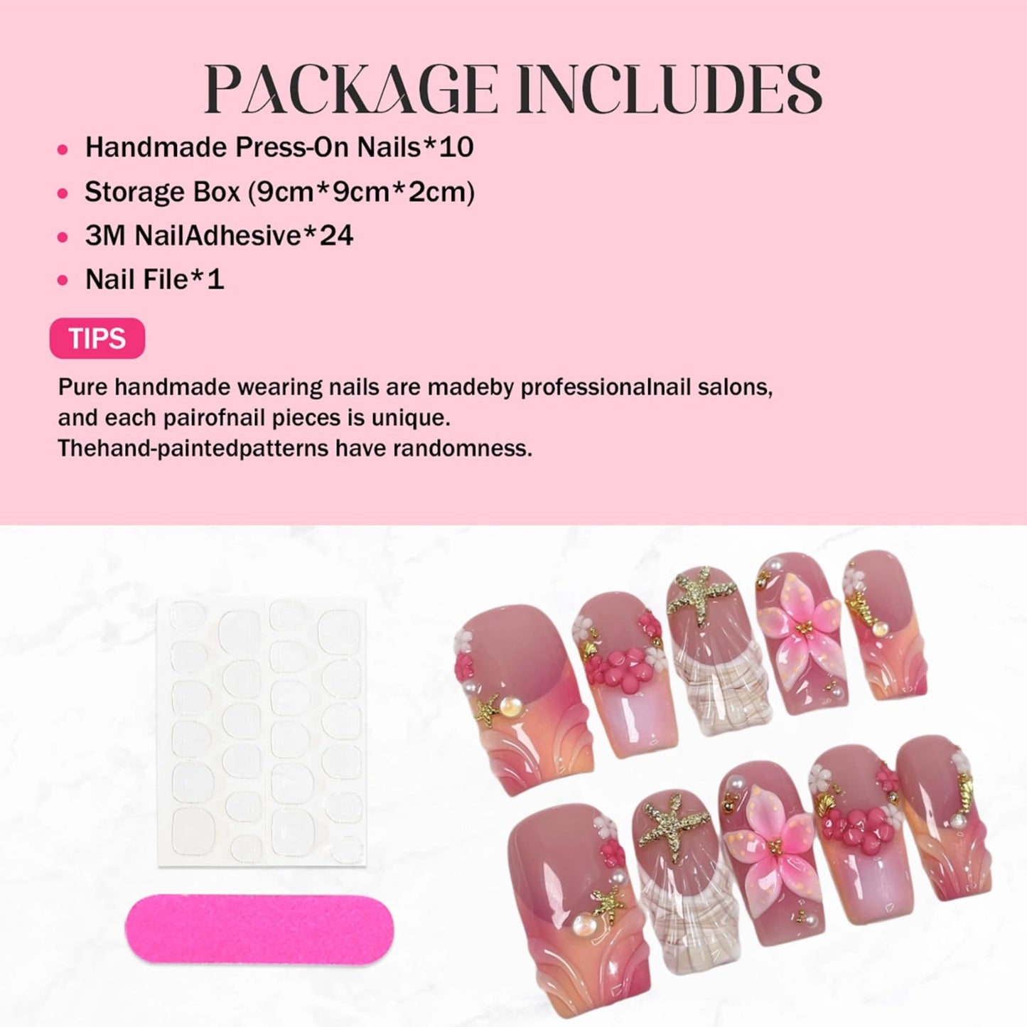 Medium Press on Nails Square Handmade False Nails Thick Acrylic Muti-Layer Gel 3D Flower Nails Press Ons wtih Shell Starfish Design French Tip Fake Nails Luxury Full Cover Stick on Nail for Women (M)