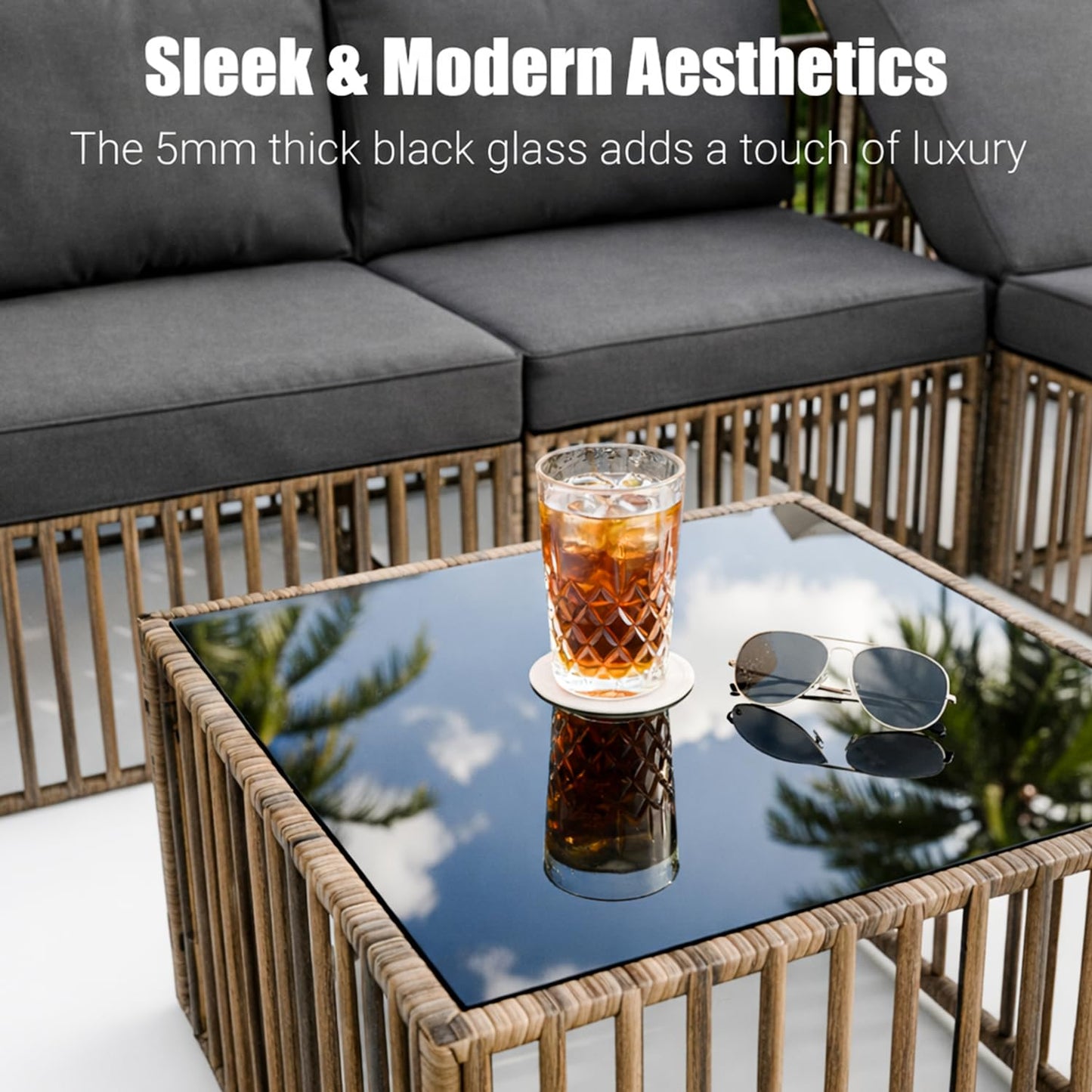 7-Piece Outdoor Patio Furniture Set, Modern PE Rattan Sectional Sofa with Adjustable Chaise Lounge & Glass Table, Modular All-Weather Wicker Conversation Set for Backyard Poolside Porch (Brown-Gray)