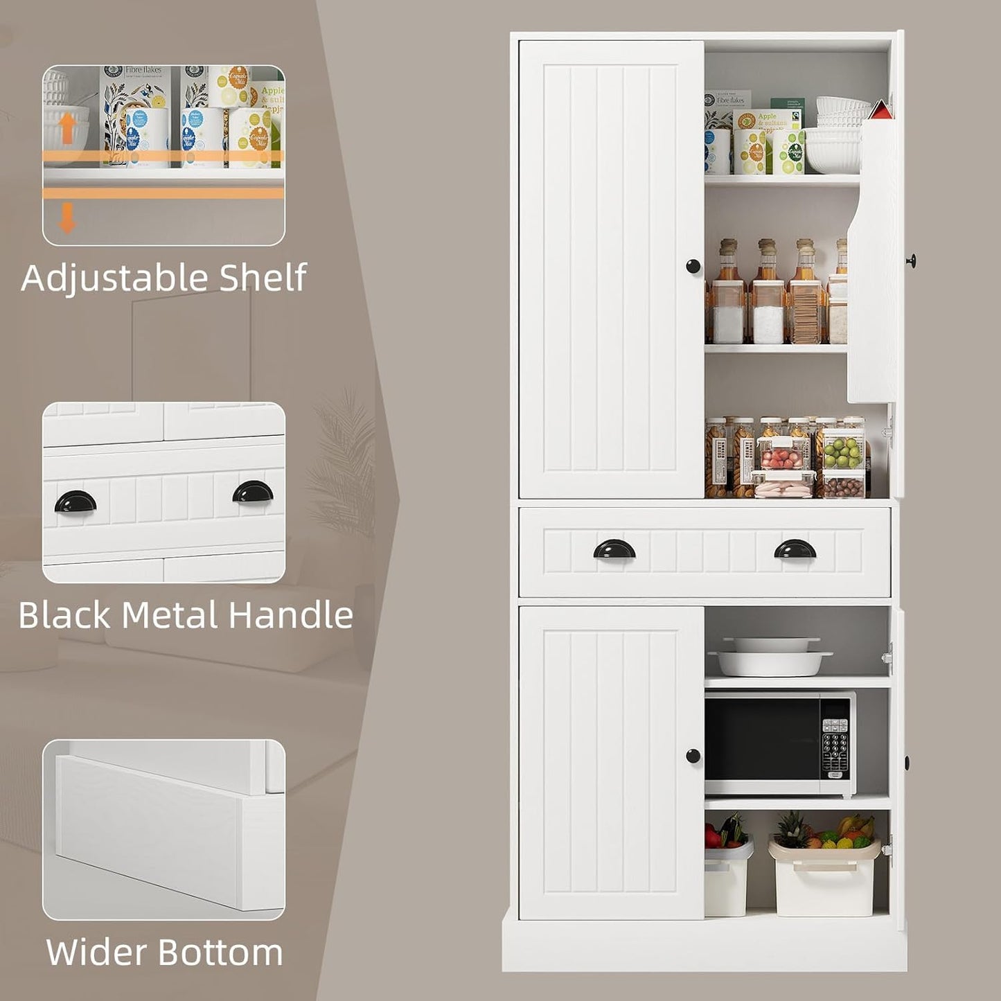 4 EVER WINNER 72" Tall Kitchen Pantry Cabinet, Food Pantry Cabinet with Storage Cabinets and Door Shelves, Farmhouse Cabinet with Adjustable Shelves and Drawers for Kitchen, Dining, Living Room, White