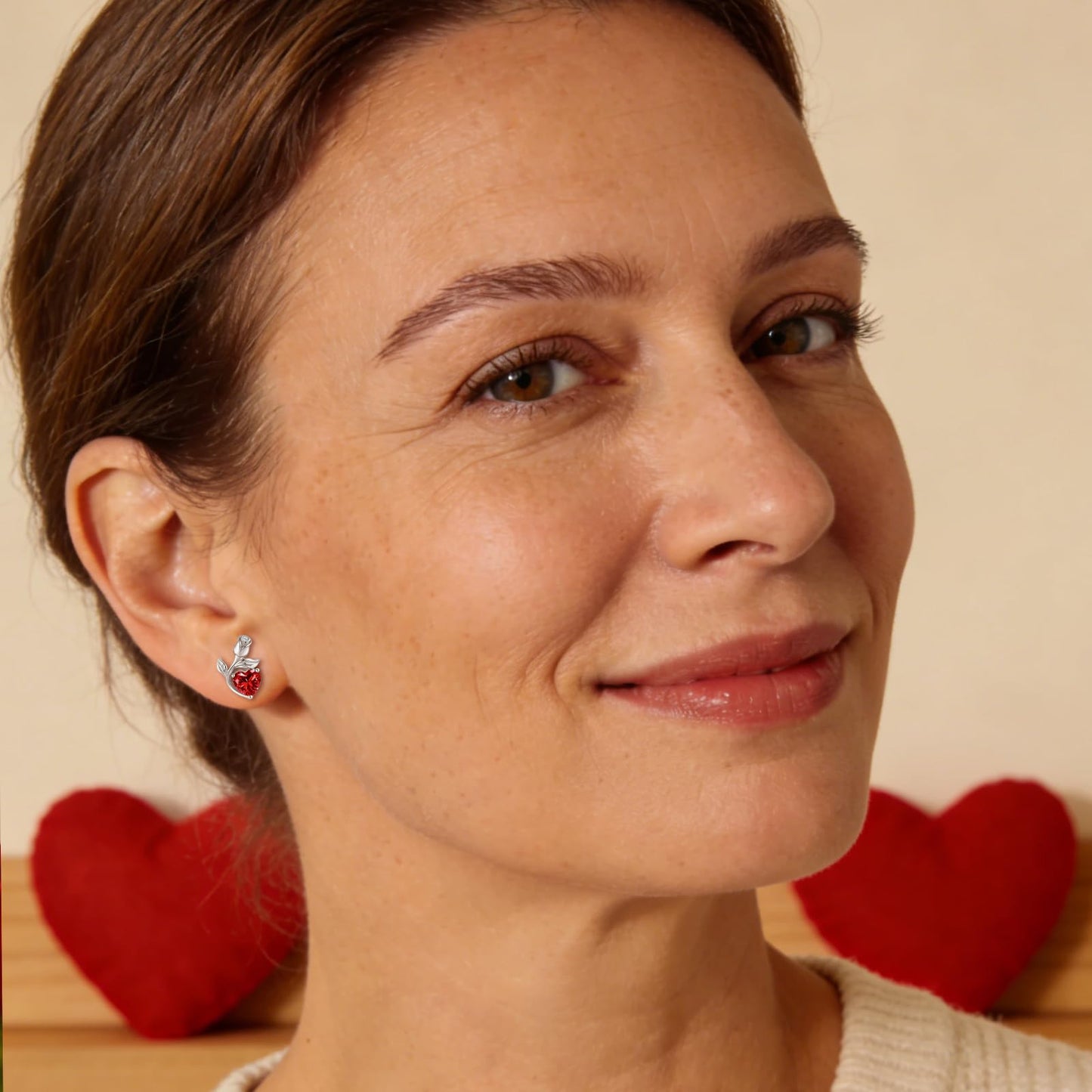 JACUPO Rose Heart Necklace and Earrings Set (Necklace 1.2CT / Earrings 0.8CT) Moissanite/Lab-Grown Sapphire/Ruby Options S925 Sterling Silver 18K White Gold Plated Engraved "I LOVE YOU" Perfect Engagement Gift for Girlfriend Wife (Ruby Silver)