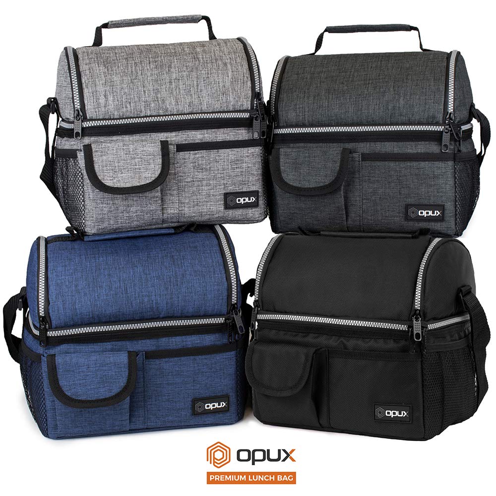 opux Insulated Lunch Bag Women Men, Dual Compartment Leakproof Lunch Box Adults Kids, Double Decker Meal Prep Bento Lunch Cooler Tote with Shoulder Strap for Work Office School Travel, Gray