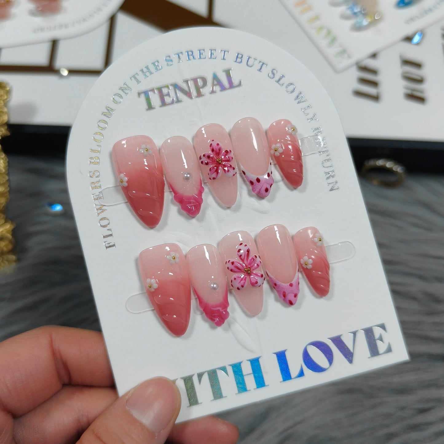 TENPAL Almond Press on Nails - Pink French Ombre & 3D Texture with Polka Dot & Wave Carving, Reusable & Handmade False Nails for Spring Summer | Sweet Watercolor Style(XS)