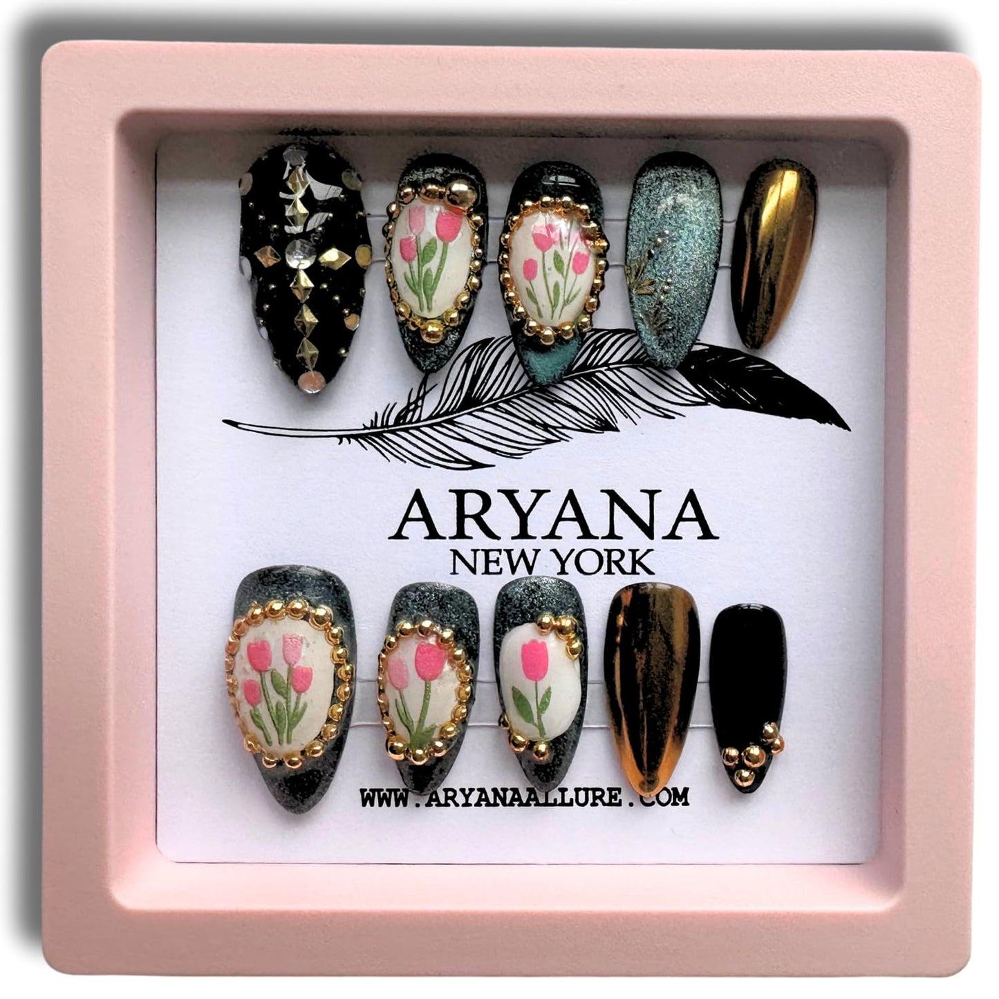 ARYANA NEW YORK 3D Press On Nails Handmade with Full Covered Crystals and Flowers Reusable Fake Nails Luxury Almond Nail Set, 10 PCS Acrylic Handmade Press On Nails - Flower Collection - (Small)