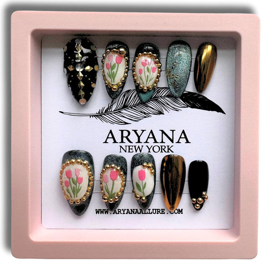 ARYANA NEW YORK 3D Press On Nails Handmade with Full Covered Crystals and Flowers Reusable Fake Nails Luxury Almond Nail Set, 10 PCS Acrylic Handmade Press On Nails - Flower Collection - (Small)