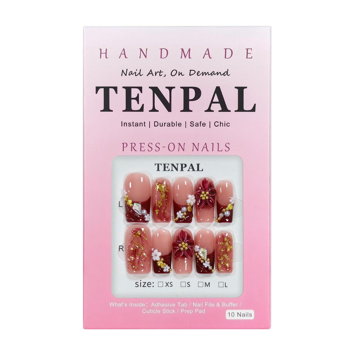 TENPAL Wine Red French Tips Press on Nails Medium Coffin, Ombre 5D Flower Pearl Sweet Sexy Glitter Handmade Fake Nails Reusable Daily Wear Salon Acrylic False Nails for Women 10PCS(M)