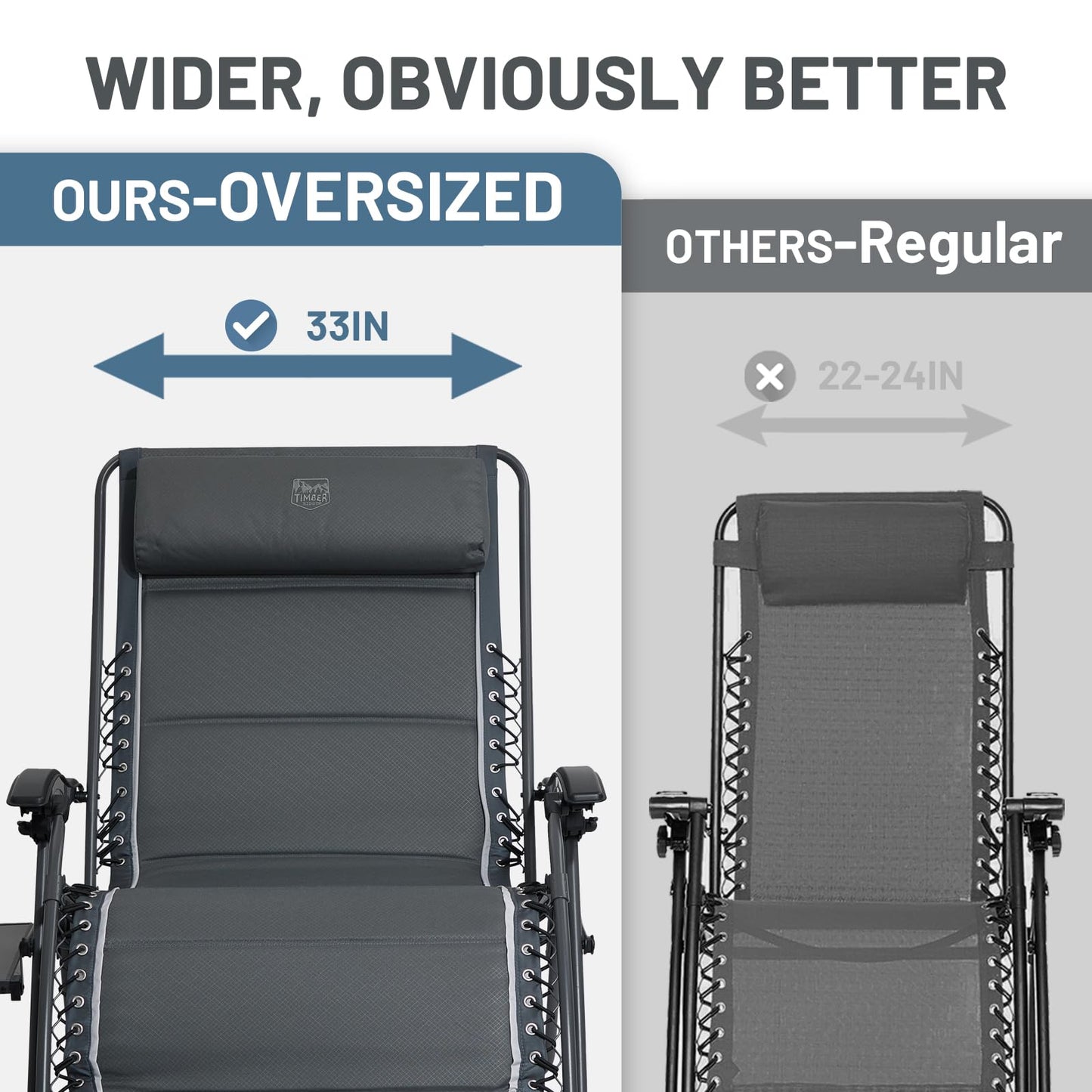 Timber Ridge Oversized Zero Gravity Chair, 33In Wide XXL Zero Gravity Reclining Chair with Side Table, Full Padded Lounge Chair for Outdoor Camping Patio Lawn, Heavy Duty Supports 500lbs, Grey-2 Pack