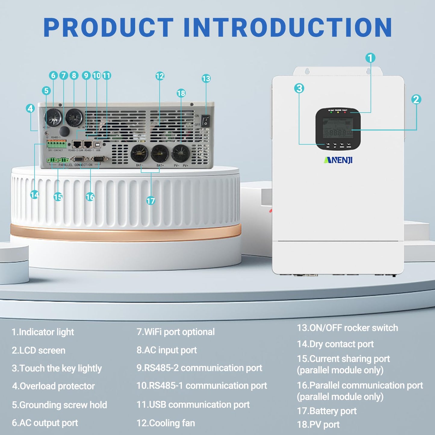 Aninerel 6500W Hybrid Solar Inverter 48V DC to 110V AC, Pure Sine Wave, Built-in 2 MPPT Controller, Max. 150A Battery Charging, Support Parallel 6 Units, Dustproof, for Home On/Off-Grid Systems