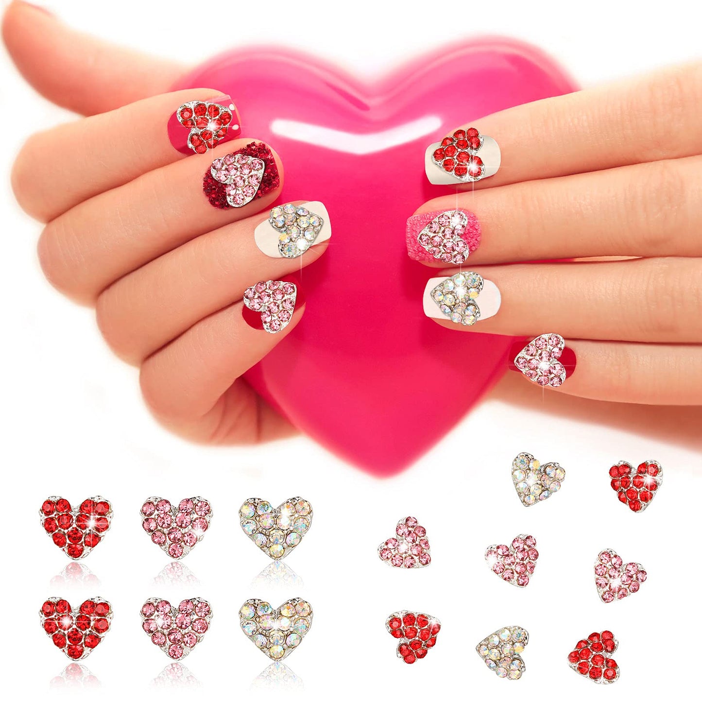 Leelosp 36 Pcs Valentine Heart Nail Charms for Nail Art, 3D Red Heart Rhinestone Decals Silver Crystal Charms Diamond Alloy Gems for Women Valentine's Decorations