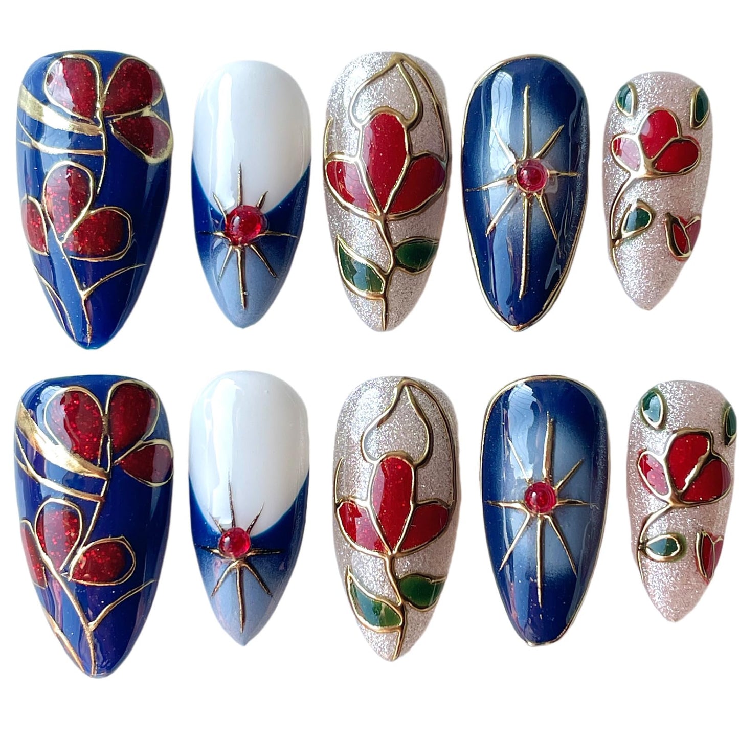 Handmade Press On Nails, Medium Almond Hand-Painted Floral Design, Luxury Blue & Red Art with Gold Outline Design, Reusable Acrylic Fake Nails Set Enamel (S)