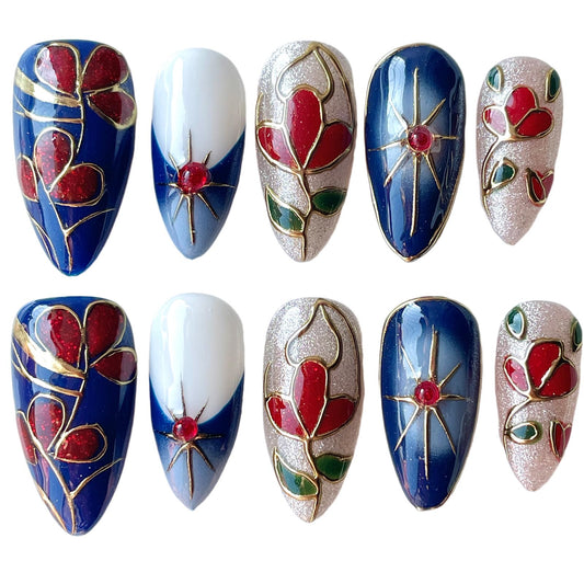 Handmade Press On Nails, Medium Almond Hand-Painted Floral Design, Luxury Blue & Red Art with Gold Outline Design, Reusable Acrylic Fake Nails Set Enamel (S)