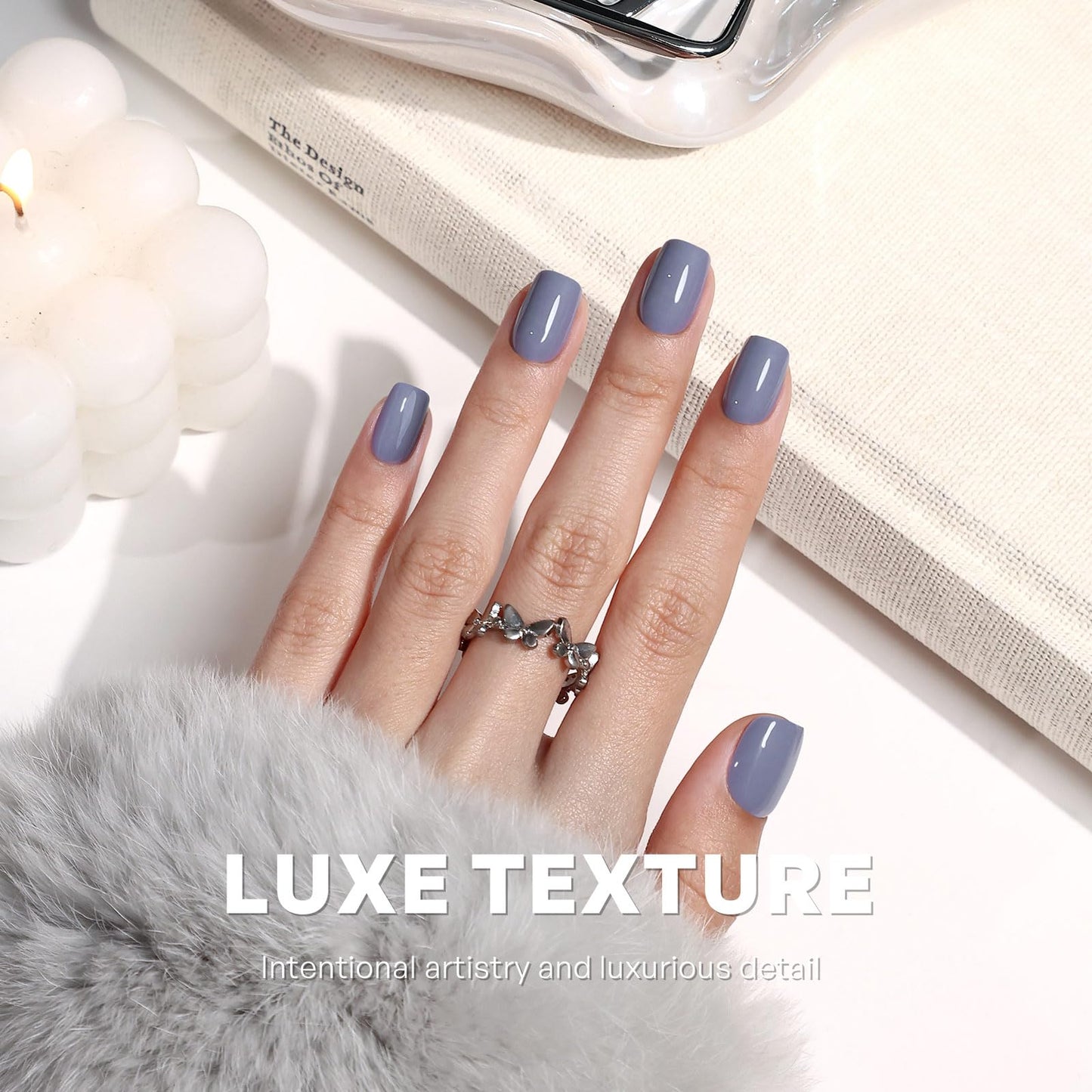 Cool Lavender Grey Press On Nails Square - GJZEZ Soft Gel Lilac Orchid Color Glossy Nail Press Ons Medium Fake Nail, Opaque Reusable Stick On Nail, 16 Sizes - 32Pcs, Glue On Nails, Fog Purple