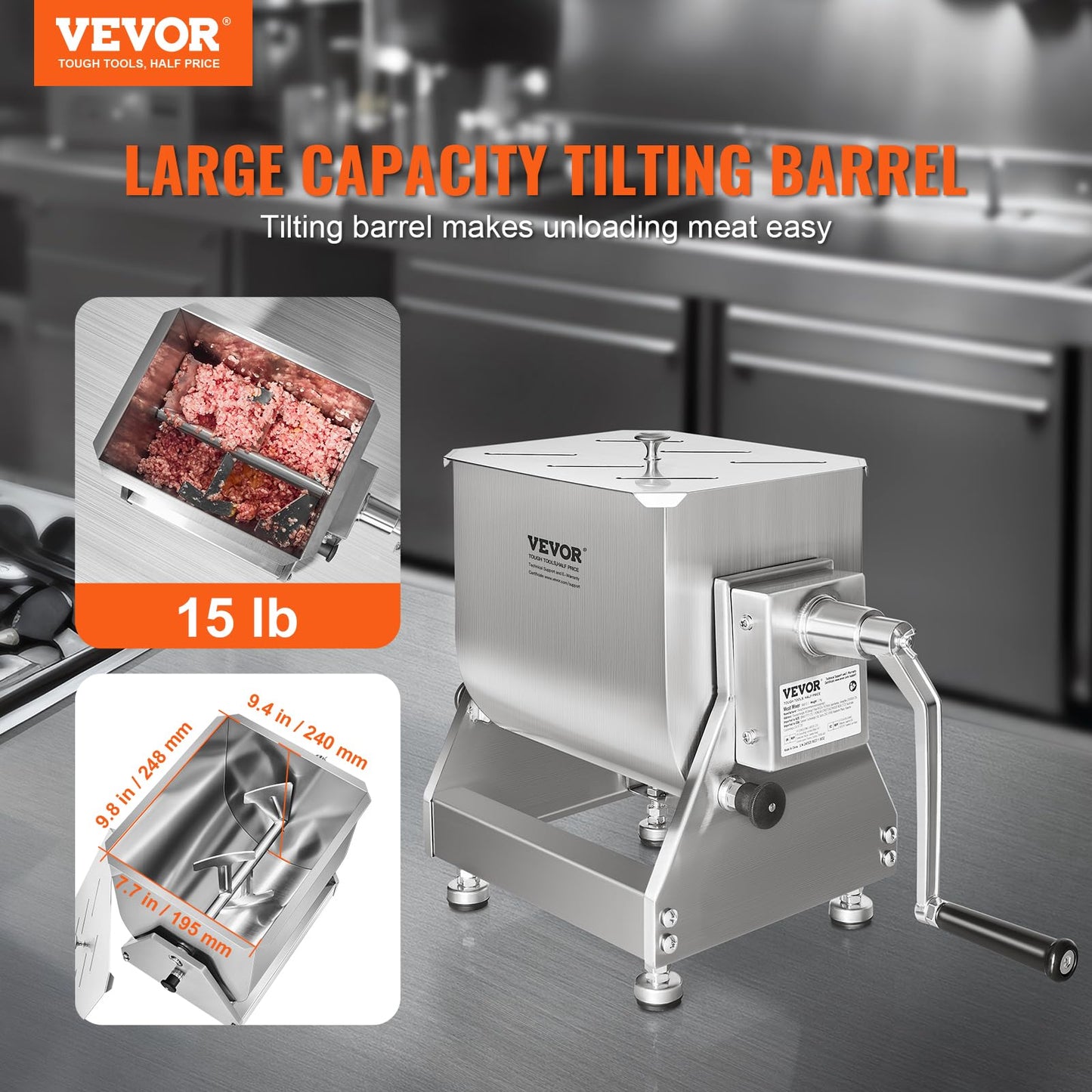 VEVOR Manual Meat Mixer, 15 Pound Capacity Tilt Tank Meat Mixer, Stainless Steel Meat Processing Equipment, Sausage Mixer Machine with Lid and Handle, Ground Beef Hand Mixer, Silver