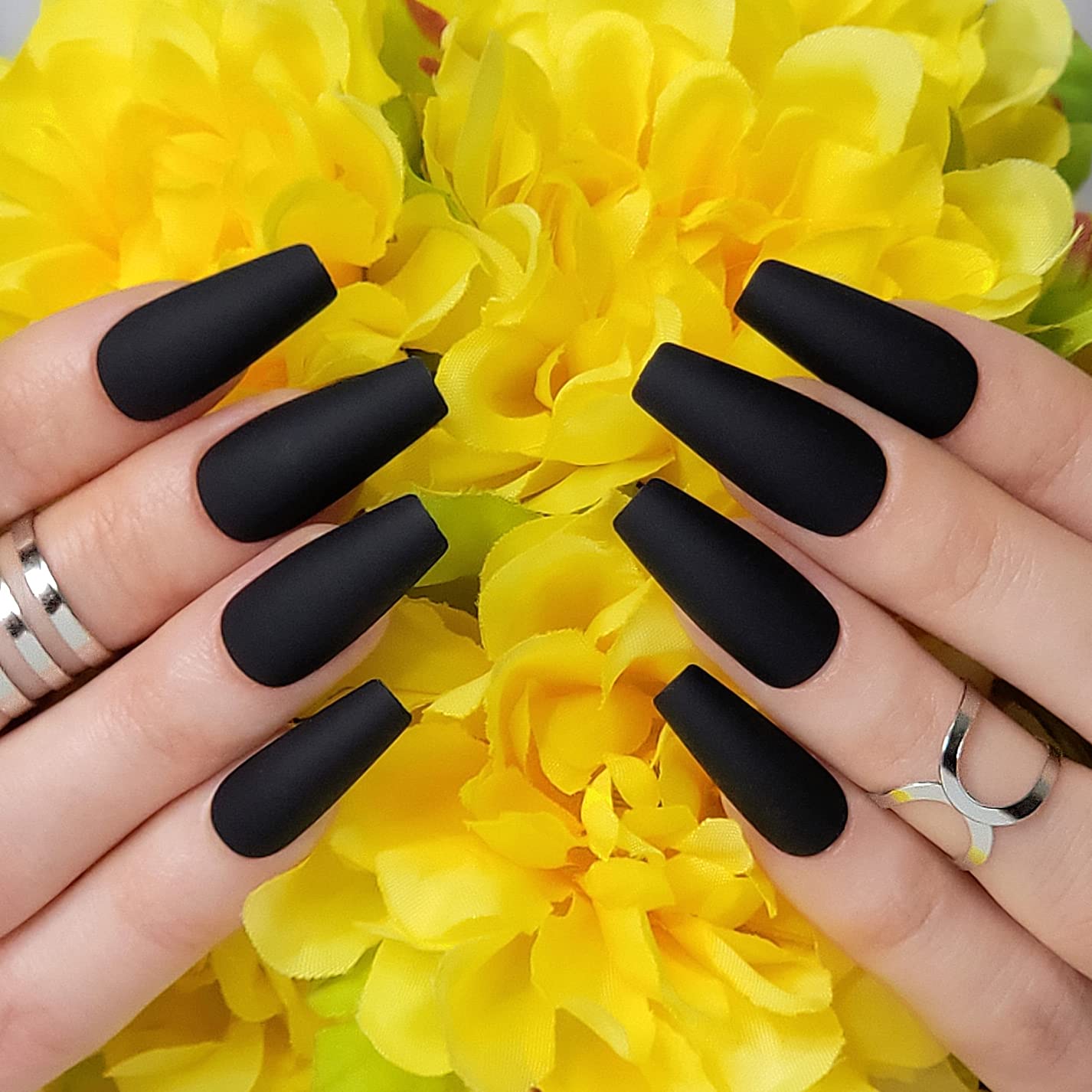 Hypnaughty Press On Nails - Vegas Gold and Nude Luxury Design with Ombre Glitter & Noir Black Matte Luxury Coffin, Trendy & Salon Quality Reusable Nails With Kit