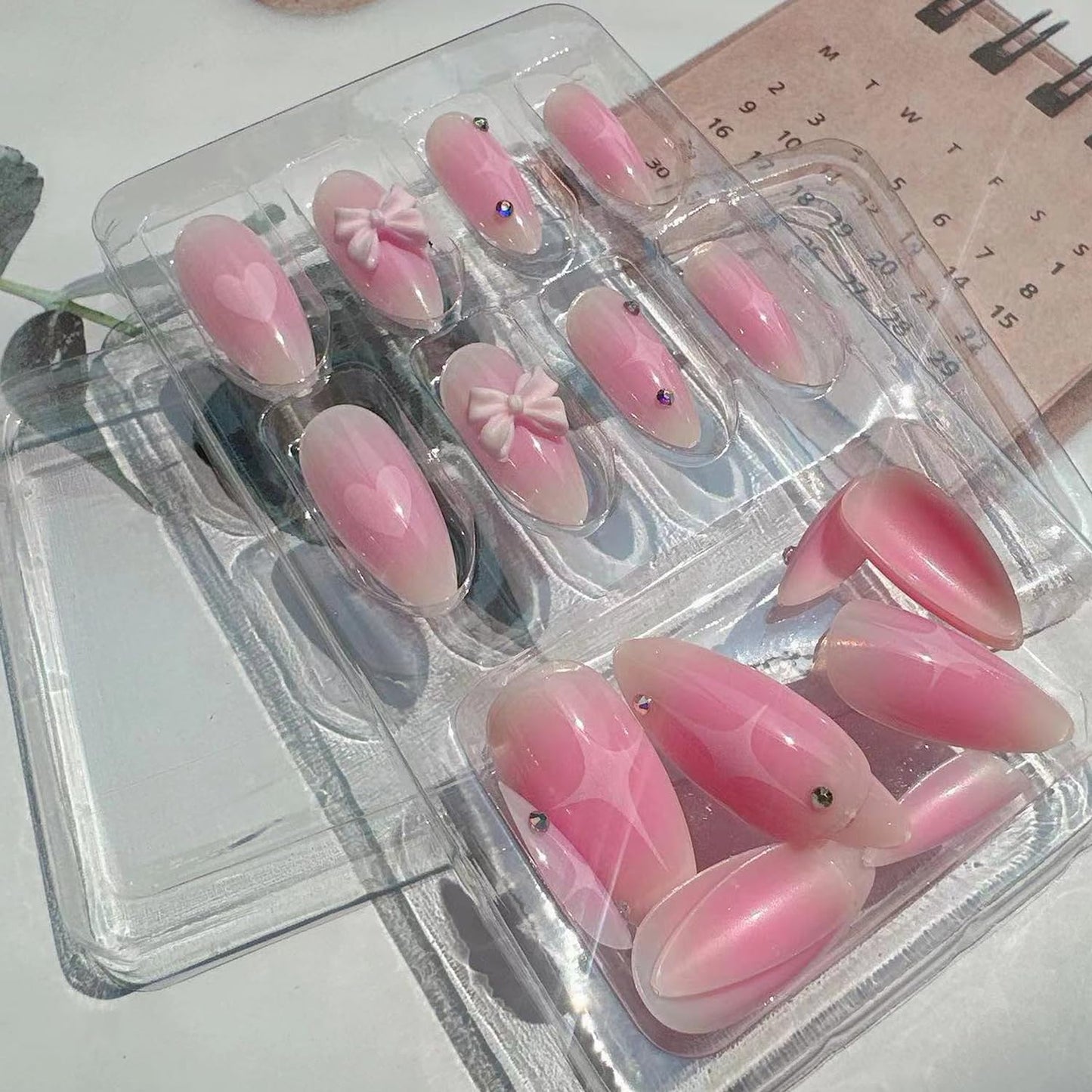 Pink Gradient Press on Nails Fake Nails Almond-shaped blush Bow Star with Rhinestones Design Glossy Stick on Nails Acrylic Artificial Nails Oval False Nails for Women Girls DIY Manicure Decoration
