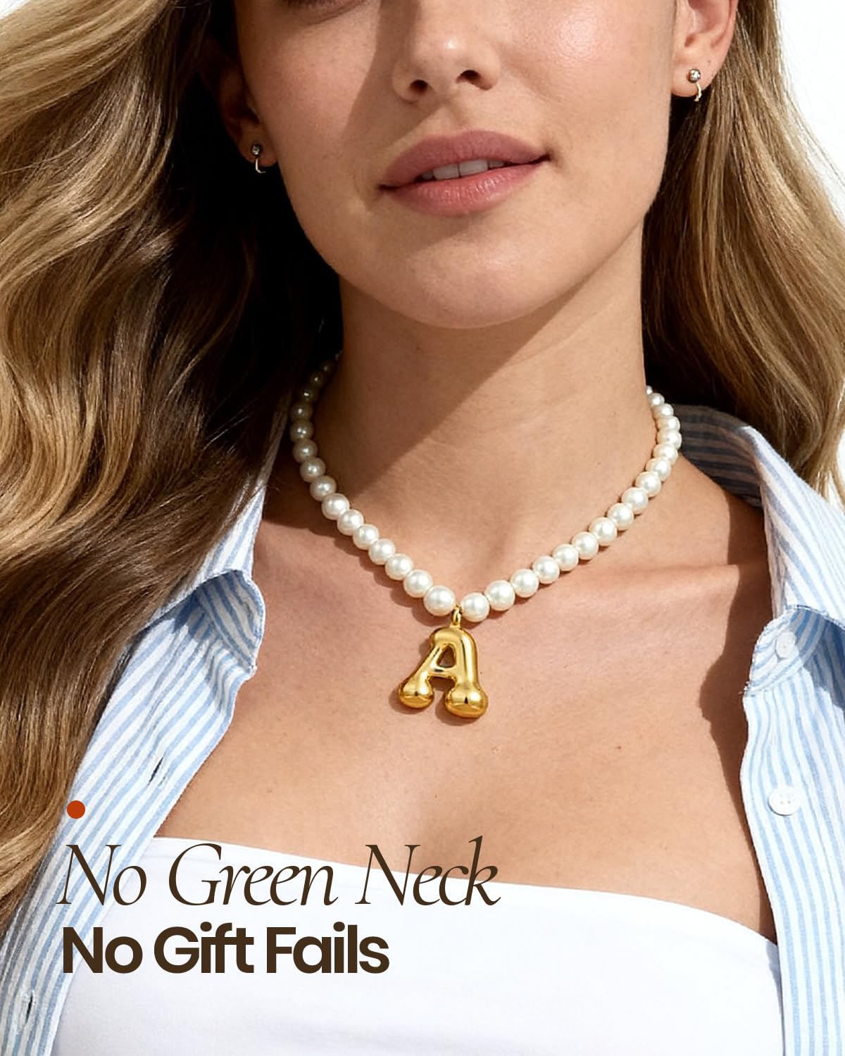 DoDoBeads Pearl Initial Necklace, 18K Gold Plated Stainless Steel Balloon Letter Pendant B, Non-Tarnish Waterproof Chunky Monogram Jewelry Gifts for Women Teens