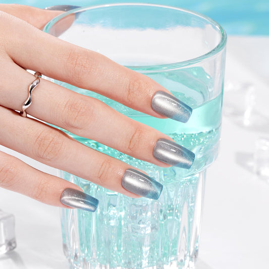 VSALON Coffin Medium Press on Nails, Icy Blue Ombre Summer Cat Eye Glossy Chrome Shimmer Fake Nails, Reusable Soft Gel Semi-Transparent Glue on Nails, 32 Pcs in 16 Sizes Kits with Glue & Cuticle Oil