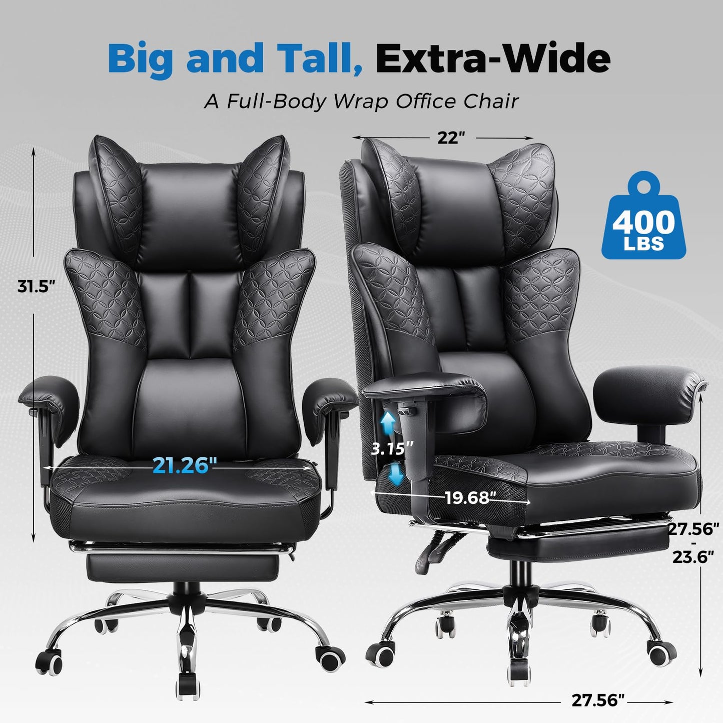 GTPLAYER Big and Tall Office Chair 400LBS Wide Ergonomic Gaming Chair with Deluxe Embossing Designed Leather with Foot Rest,150°Reclining Adjustable Soft Armrests Pocket Spring Back Support and Pillow
