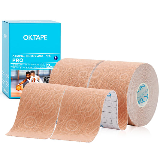 OK TAPE PRO Kinesiology Tape, 2inch x Long Roll 16ft Free Cut Tape, Elastic Athletic Tape Therapeutic Latex Free, 2 Rolls Beige+Beige