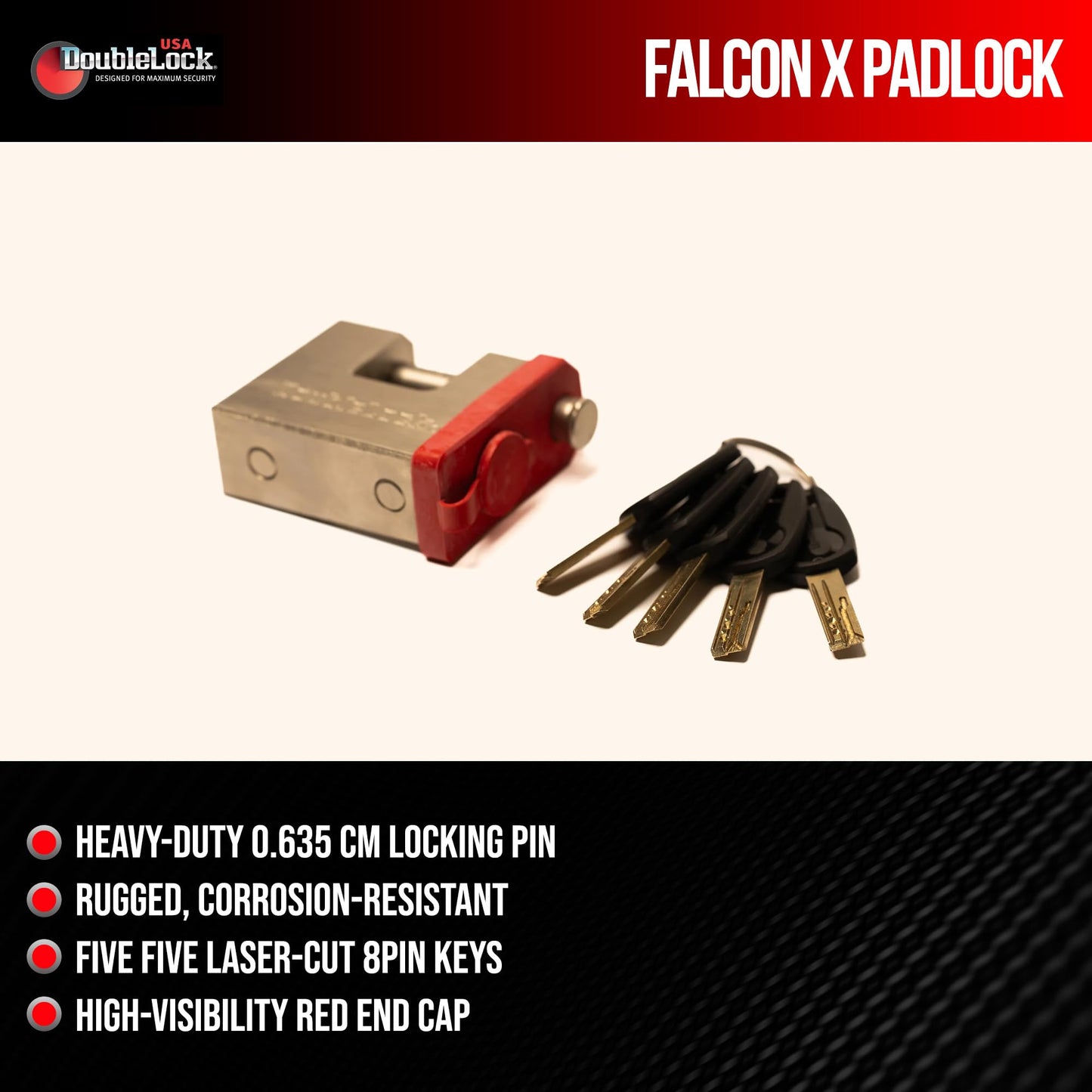 DoubleLock Falcon Brass & Steel - X Max Duty Padlock – Heavy Duty Dowel Lock 1/2in, 6 Pin Cylinder with 5 Laser-Cut Keys and Red Deterrent Cap – Weather Resistant for Containers, Gates & Trailers