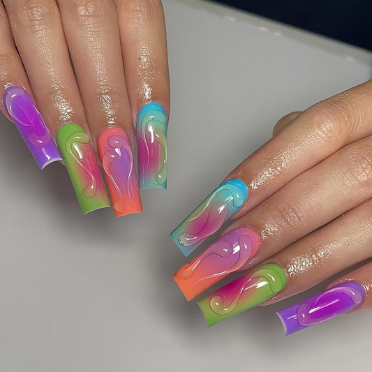 CJDLTS 3D Stereoscopic French Press on Nails - Long Square Coffin Colorful False Full Cover Artificial Acrylic Stick on DIY Glue on for Women - Manicure Kit 24Pcs