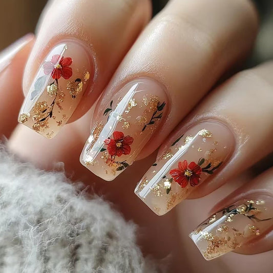 Flower Press on Nails Medium Ballet Shaped Gold Glitter Powder Flower Rose Pattern Design Full Cover Glossy Artificial Fingernails Reusable Acrylic Press Ons Stick on Nails for Women Spring Manicure