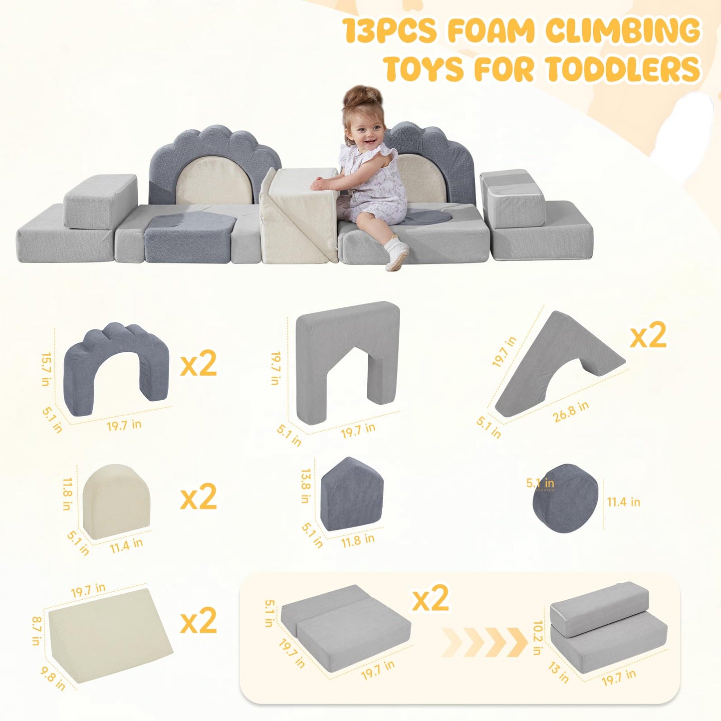 HAHASOLE Foam Climbing Toys for Toddlers, 13pcs Climb and Crawl Activity Playset, Soft Play Climbing Blocks for Toddlers, Indoor Crawling Sliding Toys, High-Density Foam Play Structures for Playroom