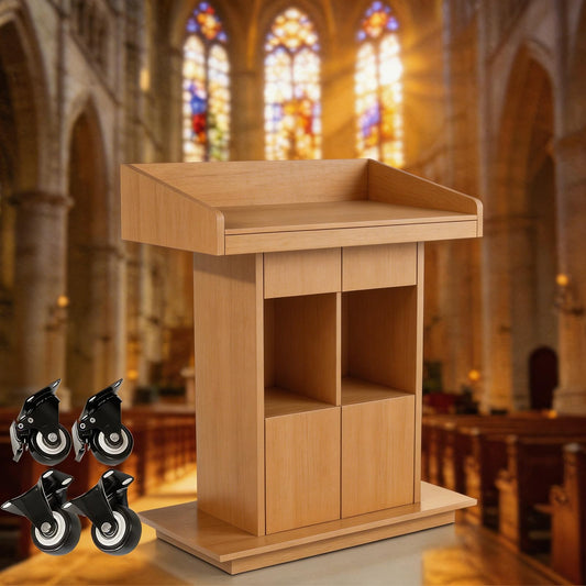 Portable Podium Stand with Lockable Wheels - Mobile Lectern for Church, Office, School, Conference & Restaurant - Includes Storage Compartment - Natural Finish