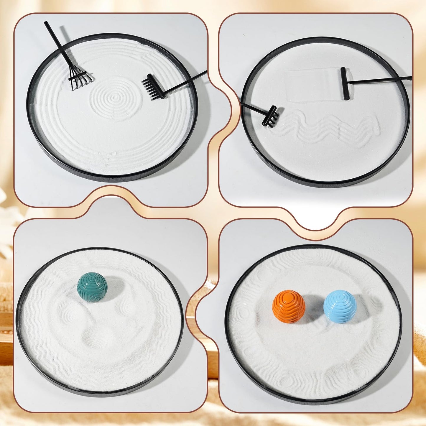 Wowagoga Desk Zen Garden Kit with 6 Textured Sensory Balls, Sand & Tools, Mini Meditation Set for Stress Relief and Desktop Decor