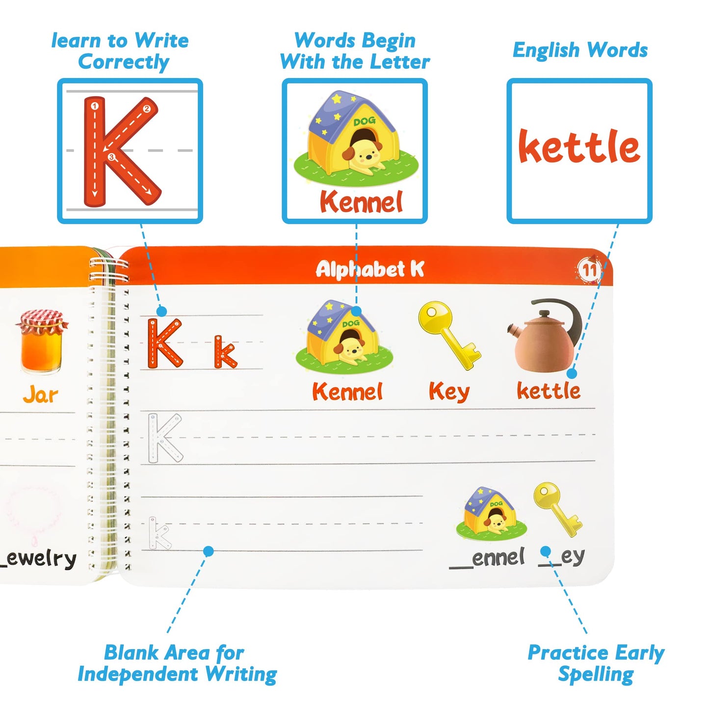 Handwriting Practice - Tracing Books for Kids Ages 3-5, Montessori Preschool Learning Activity, Autism Educational Learn Number Letters Shapes Animal & Sight Words Workbook with 8 Dry Erase Markers