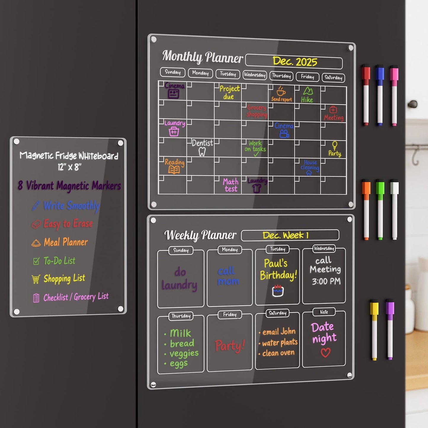 Grtard 3 Pack Acrylic Calendar for Fridge, Magnetic Calendar for Refrigerator, 16"x12" Dry Erase Whiteboard Fridge Calendar,2026 Clear Monthly Weekly Daily Memo Planning Board with 8 Markers