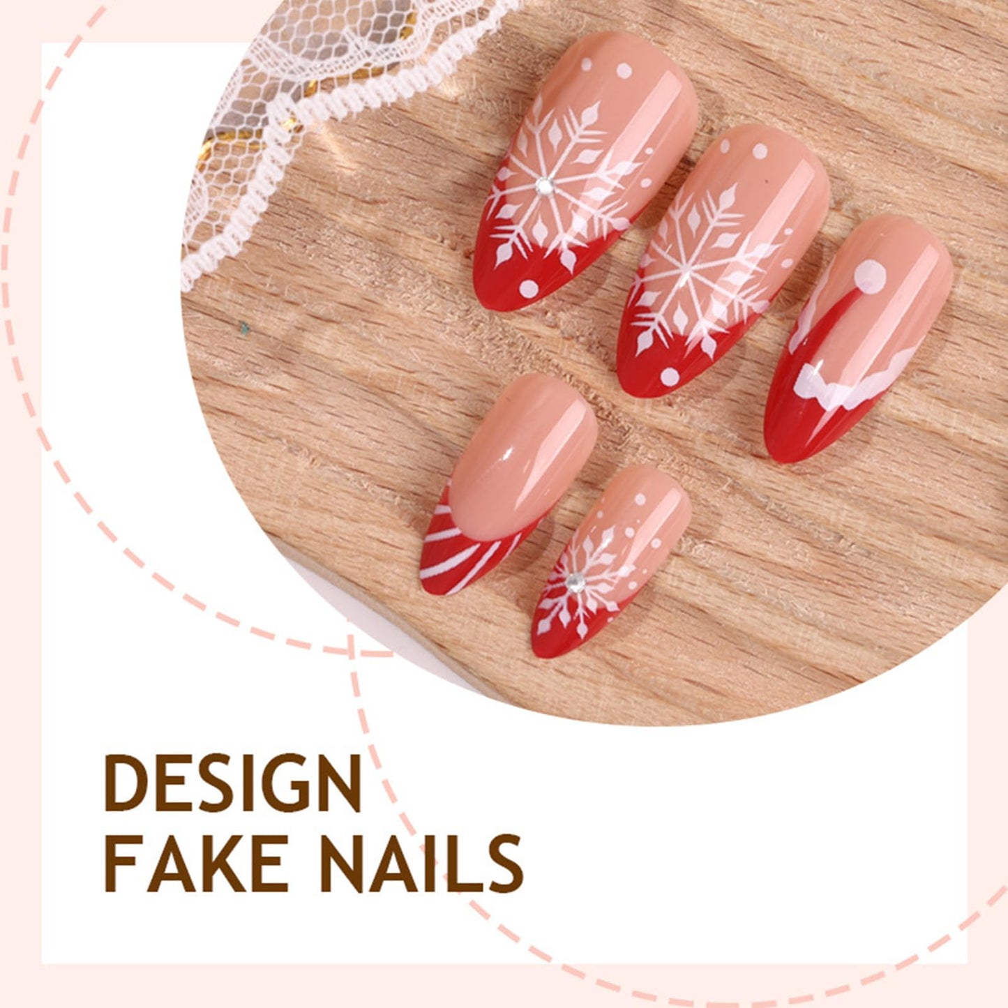 Glossy Red Candy Cane Acrylic Fake Nail Christmas Press on Nails Christmas Hat Medium Almond False Nails Snowflake Stick on Fingernails 24Pcs Rhinestones Gel Glue on Nail for Women Xmas Gift