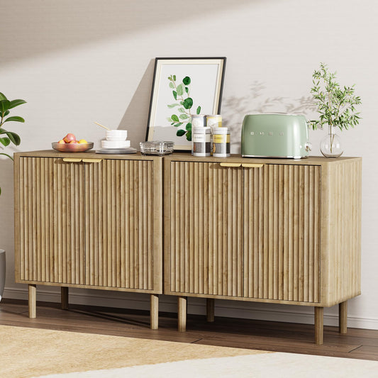 Sideboard Buffet Cabinet with Storage, Modern Fluted Accent Credenza with Doors & Adjustable Shelves, Wood Coffee Bar Console Table for Living Room, Dining Room, Kitchen or Entryway 31.5"(2pcs)Oak