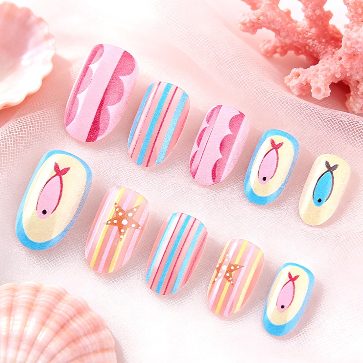 Cute Fish Press on Nails With Ocean Design, Glossy Colorful Striped Fake Nail, Medium Oval False Nails Starfish Glue on Nail, Beach Stick on Reusable Acrylic Fingernails for Women Summer Daily Wear