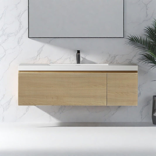 Trygoal Wall Mounted Bathroom Sink Vanity, Modern 48" Floating Vanity with Resin Basin, U-Shaped Soft-Close Storage Drawer & Side Door, Striped Bathroom Storage Cabinet with Invisible Handle, Wood