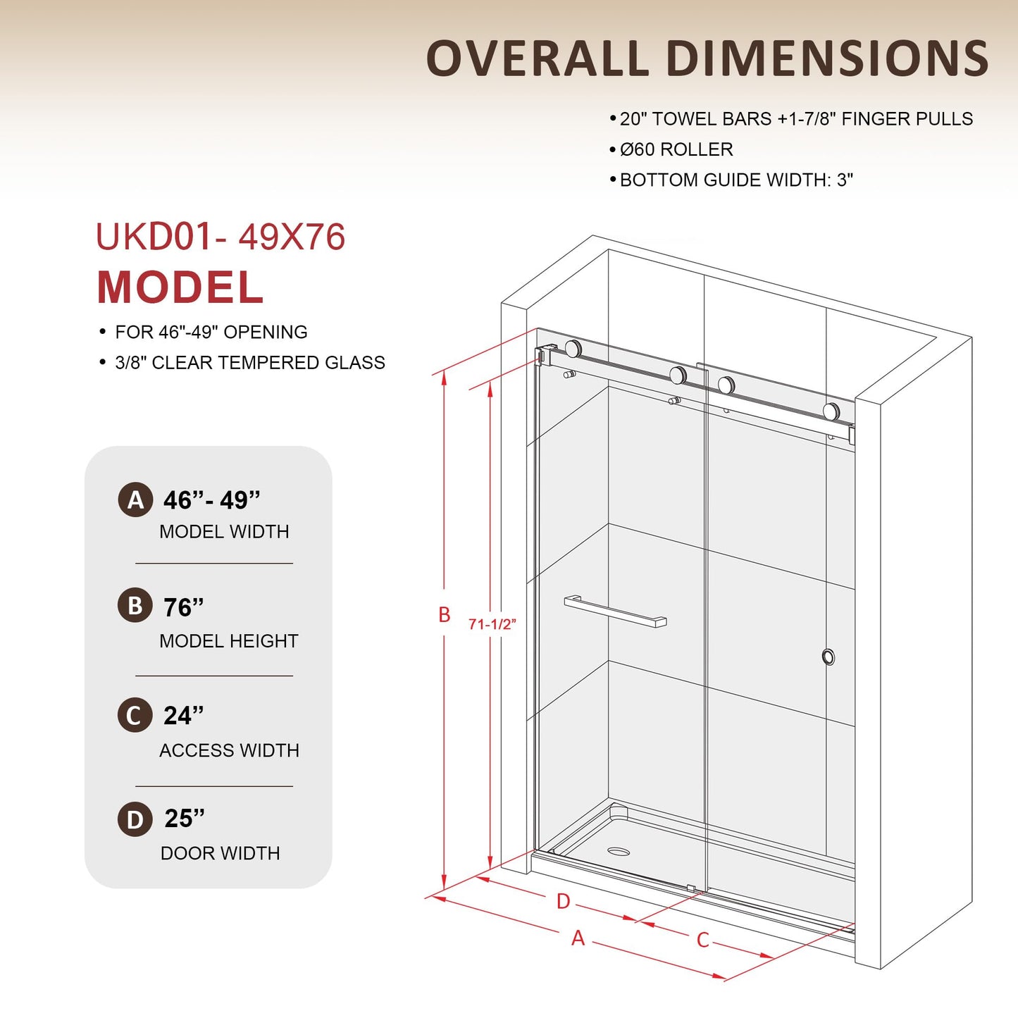 UKD01 46 to 49 in. W x 76 in. H Double Sliding Frameless Shower Doors - Stainless Steel 3/8" (10mm) Certified Tempered Glass 49x76-MBL