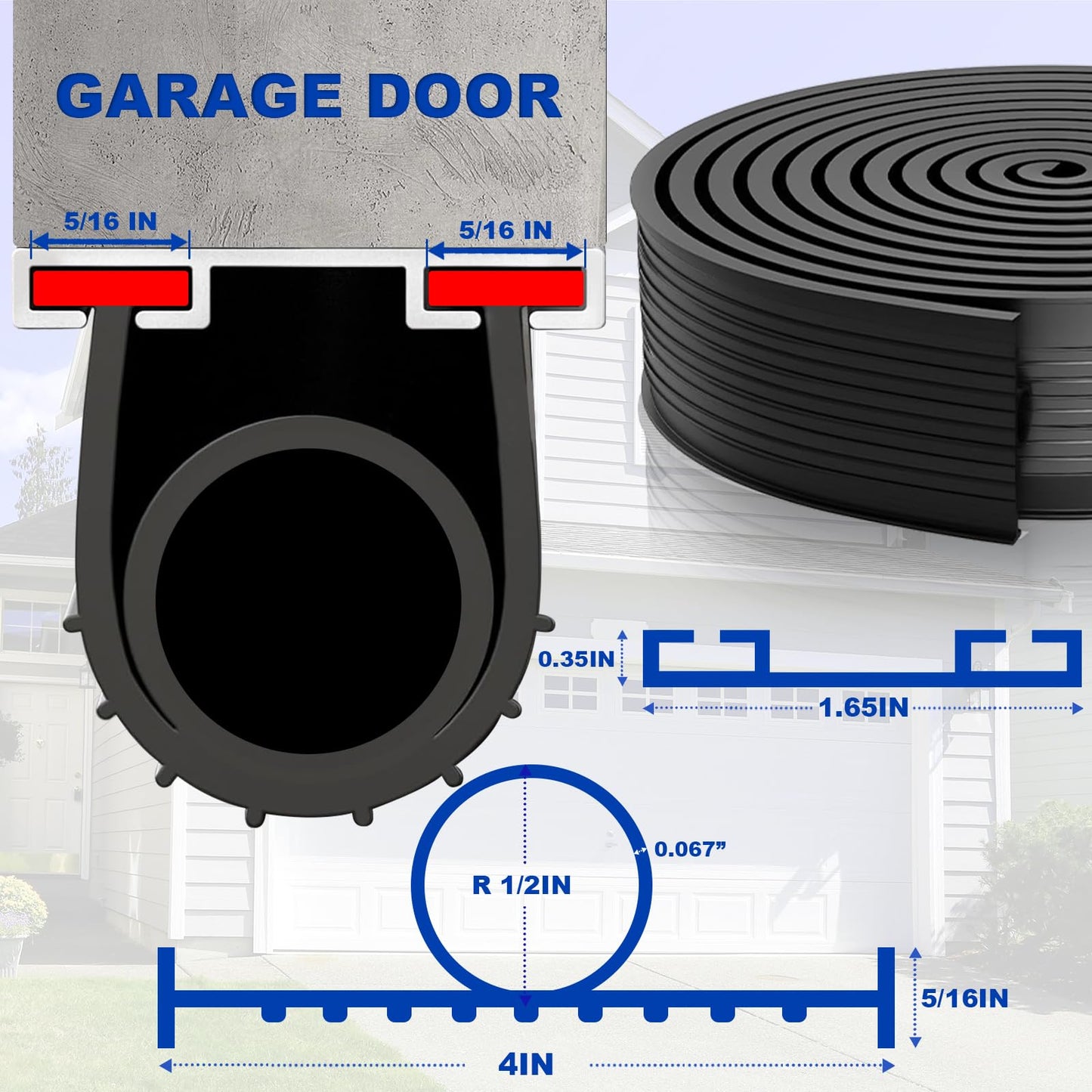 DGSL Garage Door Seals Bottom Rubber Weather Stripping Kit Seal Strip Replacement, Weatherproof Threshold Buffering Sealing Rubber 5/16 Inch T Ends (10 FT, Black, U+O)
