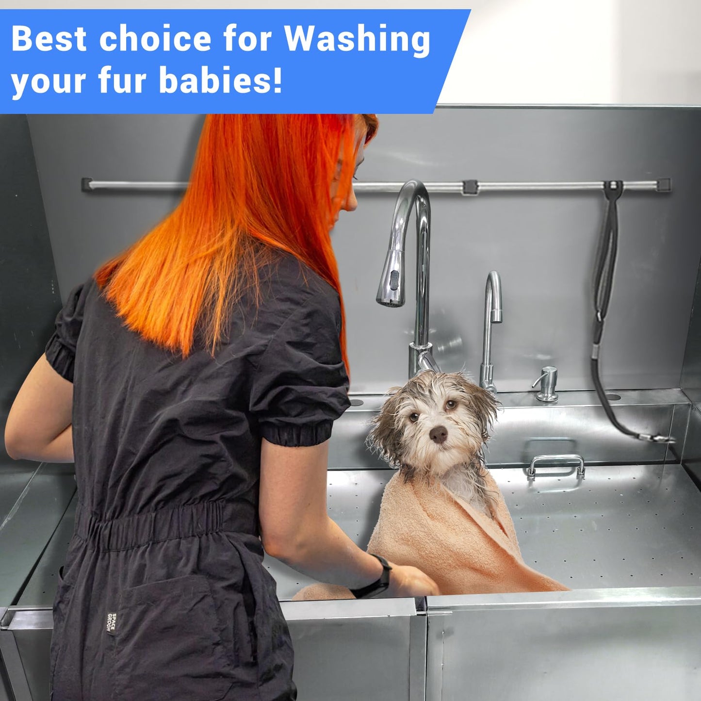 Towallmark Professional Stainless Steel Dog Bathing Tub - Dog Grooming Tub w/Ramp, Moveable Storage Drawer, Floor Grate & Faucet/Dog Bathtub for Large, Medium & Small Pets (50", Right Ramp)