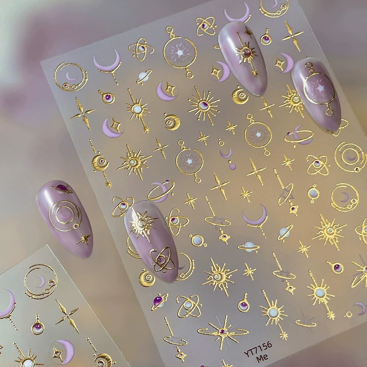 Star Moon Nail Stickers 5D Embossed Golden Planet Nail Art Decals 1PCS Purple& Golden Sun Stars Moons Planets Design 3D Self-Adhesive Nail Art Decorations Supplies Manicure Sliders for Women Girls