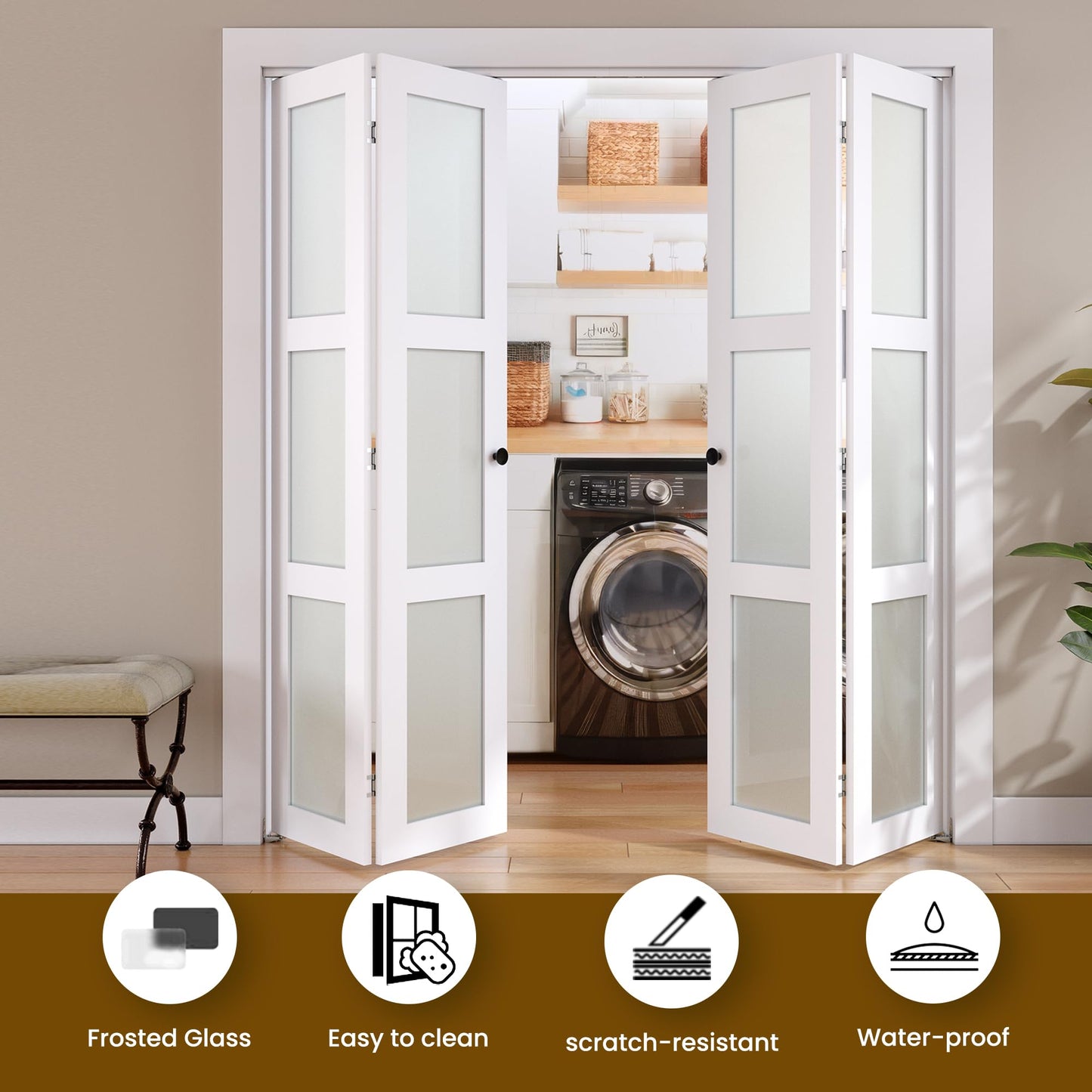 SMARTSTANDARD Bifold Door, for 60"x 80" Opening,Tempered Frosted Glass Closet Folding Barn Door with Hardware Kit, Water-Proof PVC Surface,Easy Install,White