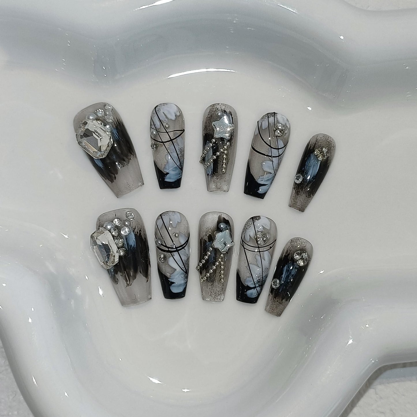 TENPAL 10PCS Gothic Black French Tips Press on Nails Coffin with Tools Kit - Oriental Chain & Crystal Dark Rebel Design- Icy Dark Elegant Chinese Style Fake Nails(M)