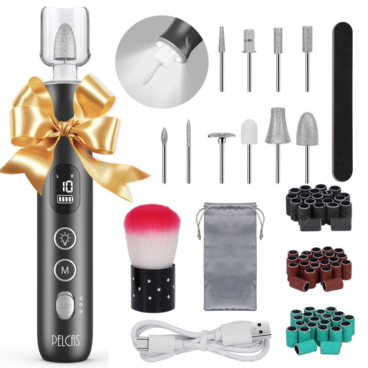 PELCAS Electric Nail Grinder, 10 Speeds Cordless Nail Drill with LED Light, Portable Manicure and Pedicure Kit, Nail File with LCD Screen for Human, Pet, Thick Toenails, Natural & Acrylic Nails Grey