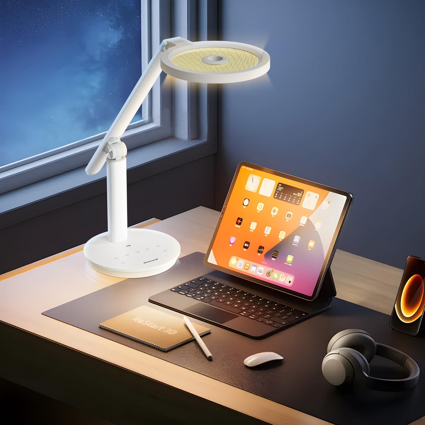 Honeywell Desk Lamp for Home Office, H6 Sunturalux™ Eye-Caring Led Desk Light, 800LM Dimmable Desk Lamp with Timer, Touch Control Tall Desk Reading Light, Table Lamp for Circle Webcam, Study, Bedroom