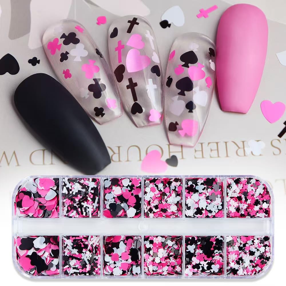 2 Box Pink Nail Art Glitter Valentine's Day Nail Sequins Flakes with Heart Star Design Manicure Fine Glitter Flower Nail Stickers Decals Supplies Nail Charms for Women DIY Nail Art Decorations