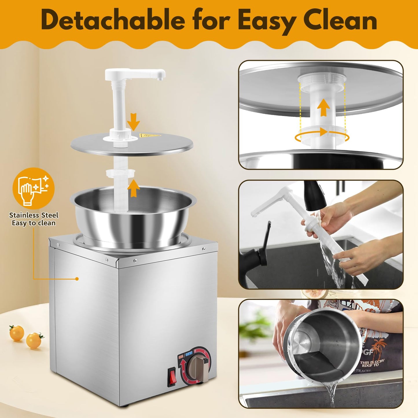 Fulgutonit Electric Nacho Cheese Dispenser with Pump, 4.6Qt Nacho Cheese Warmer, Commercial Hot Fudge Warmer, 86~190℉ Adjustable Temp Nacho Cheese Sauce Warmer for Buffet Kitchen Cafeteria Home Party