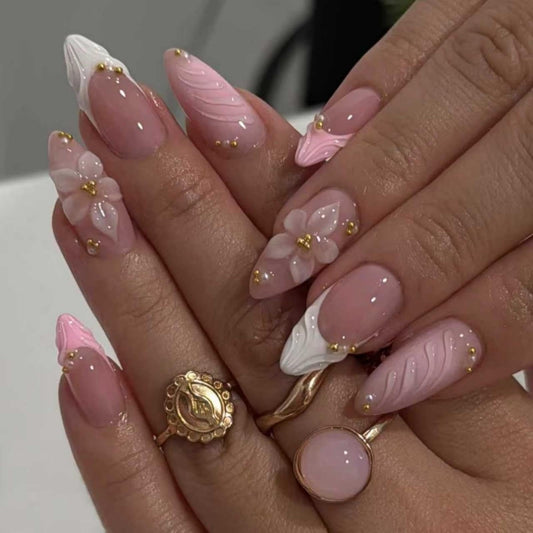 Almond Press on Nails Medium Nail Press on with 5D Pink Flower Charm Design Glossy White French Tips Acrylic Nails Rhinestones Pearl Fake Nails Spring Summer Glue on Nail for Women Manicure 24Pcs