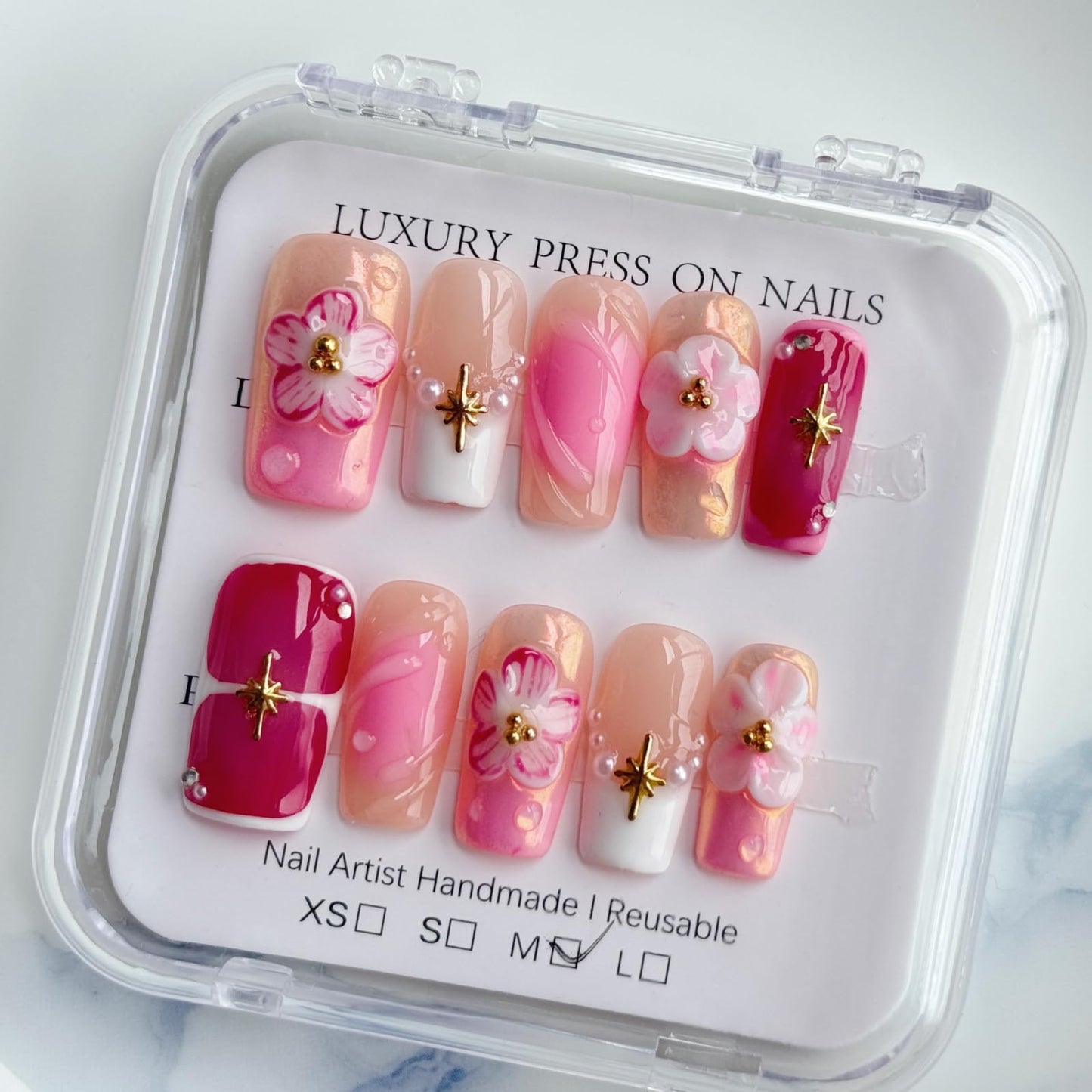 Haozerart Handmade Acrylic Press on Nails, Medium Square French Tip Fake Nails, Glossy Pink with 3D Floral & Pearl Design, Salon Quality Reusable Nails, 10Pcs (M Size)