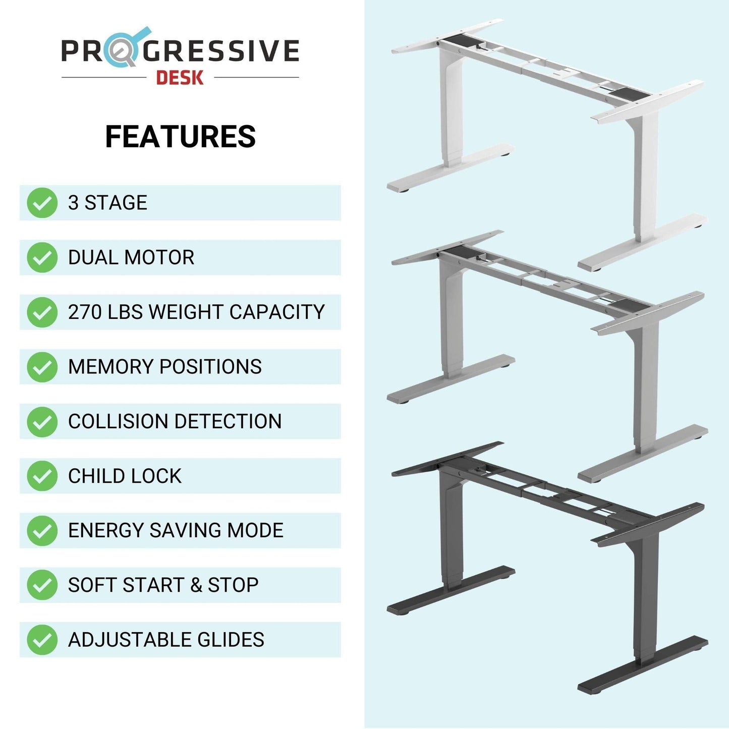 PROGRESSIVE AUTOMATIONS Electric Standing Desk Frame Dual Motor. Adjustable Height and Width, 3 Stages Legs for sit Stand Home Office desks suites Tops from 48" to 73" FLT-02 Black