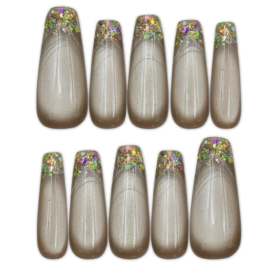 Cat Eye French Tip Press On Nails，Long Stiletto Fake Nails，Glossy Artificial Fake Nail .With Glue Tabs - 10Pcs Nail Kit for Women Girls Elegant & Durable Artificial Nails for Instant Manicure.