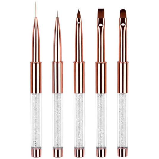 Ycyan 5pc Nail Art Brush Set - Rose Gold Rhinestone Handles with Gel Polish, Liner, Drawing Brushes for Salon & DIY Manicure