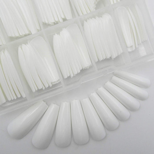 Colored Coffin Press on Nails Long Ballerina False Fake Nail Tips Full Cover Manicure Design Acrylic Nails 100pc for Women Teen Girls (White)